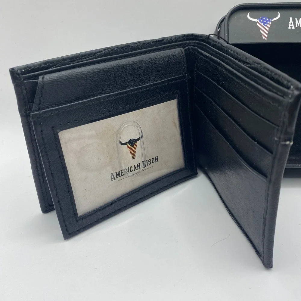 American Bison Bifold Wallet Men Black Leather Flip IDs Western Rodeo Cowboy NIB